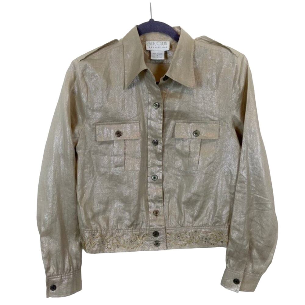 Military Jacket Silk Club Collection Womens Metallic Gold Cropped Size Small